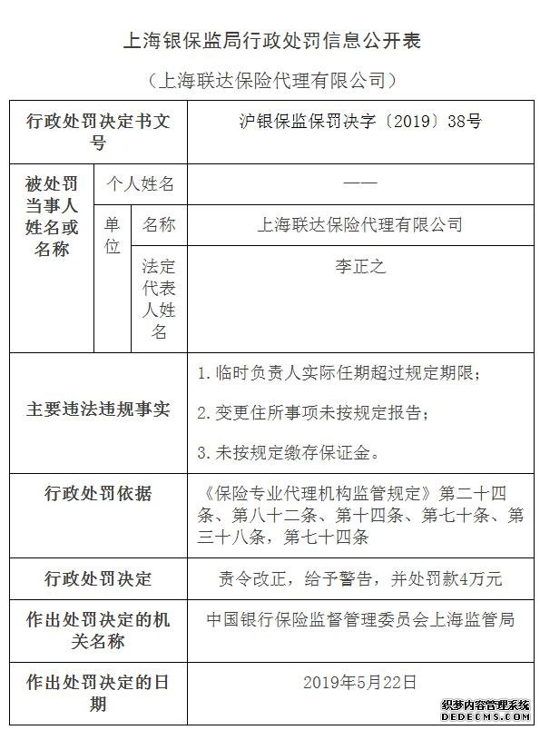 上海联达保险代理有限公司因三宗罪被处罚