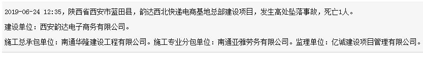 南通华隆建设工程有限公司韵达西北快递电商基地总部建设项目发生事故 死亡1人