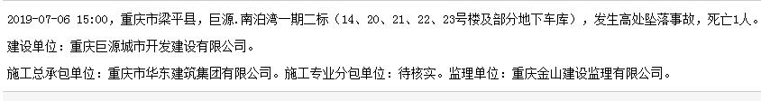 重庆市华东建筑集团有限公司巨源.南泊湾项目发生事故 致1人死亡