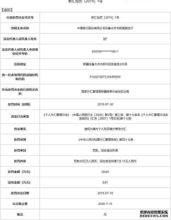 中国银行新疆四家机构违法收付汇 领5罚单遭罚120万