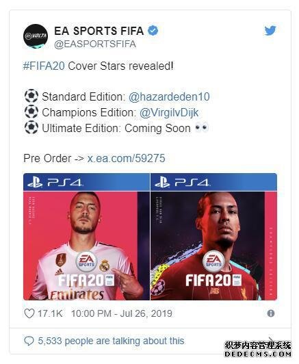 EA《FIFA 20》标准版与冠军版封面球星正式公开