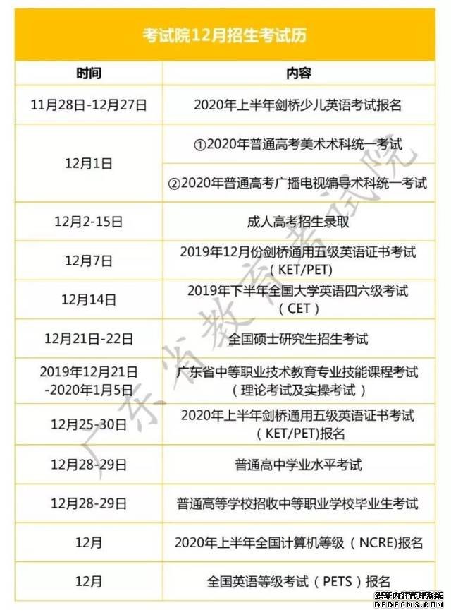 广东12月招生考试历来了，赶紧收藏吧