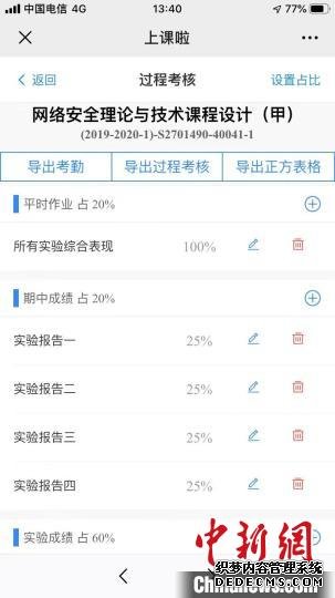 “上课啦”APP截图显示学生成绩组成。　杭电提供 摄