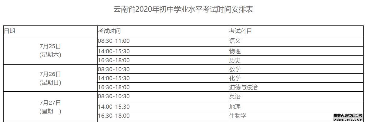 2020年云南省初中学业水平考试延期至7月25-27日