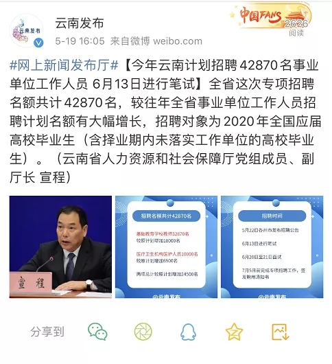 大扩招！2020年云南事业单位专项招聘42870人