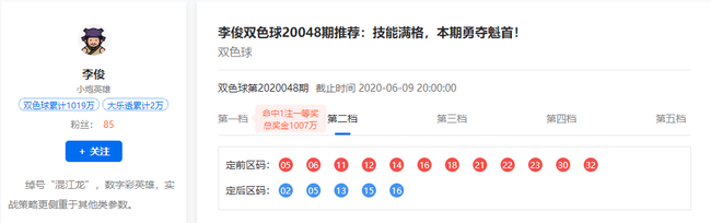 小炮李俊揽双色球1007万！智能英雄连中2期头奖