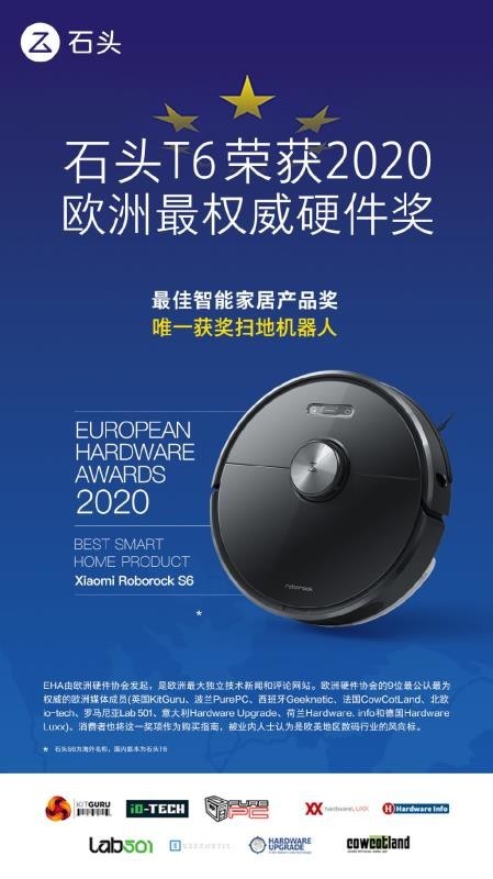 石头扫地机器人T6获欧洲2020硬件评选最佳智能家