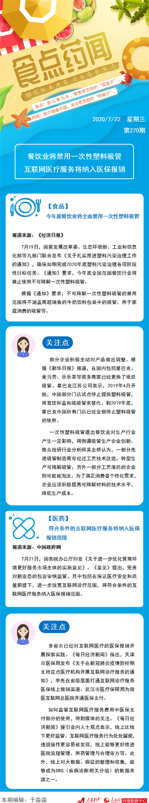 食点药闻：餐饮业将禁用一次性塑料吸管互联网医疗或可报销