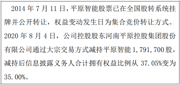 平原智能股东减持179.17万股权益变动后持股比例为35%
