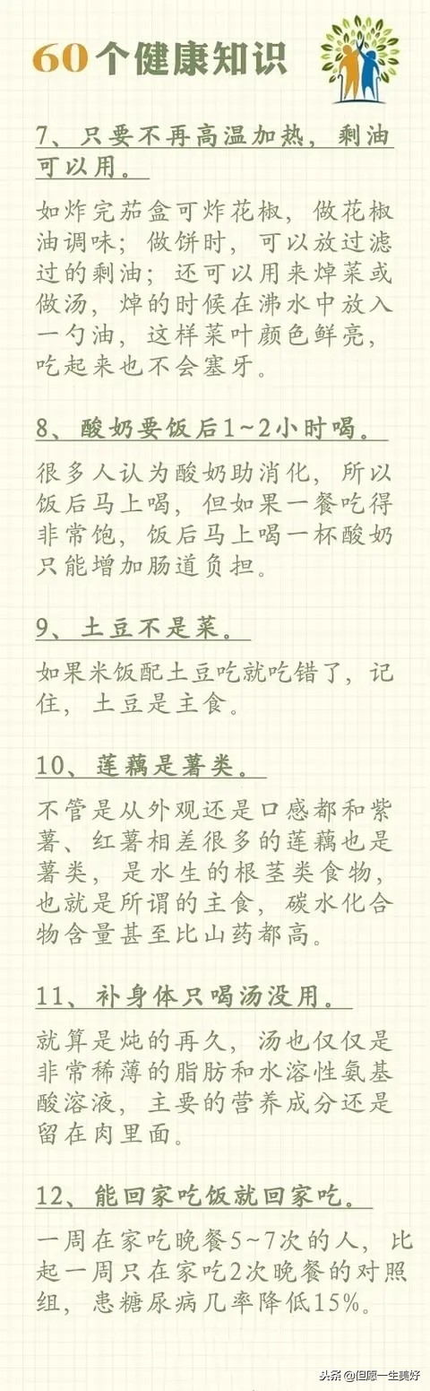 60个健康常识，值千金，收藏在手机里，多看看，受益一辈子