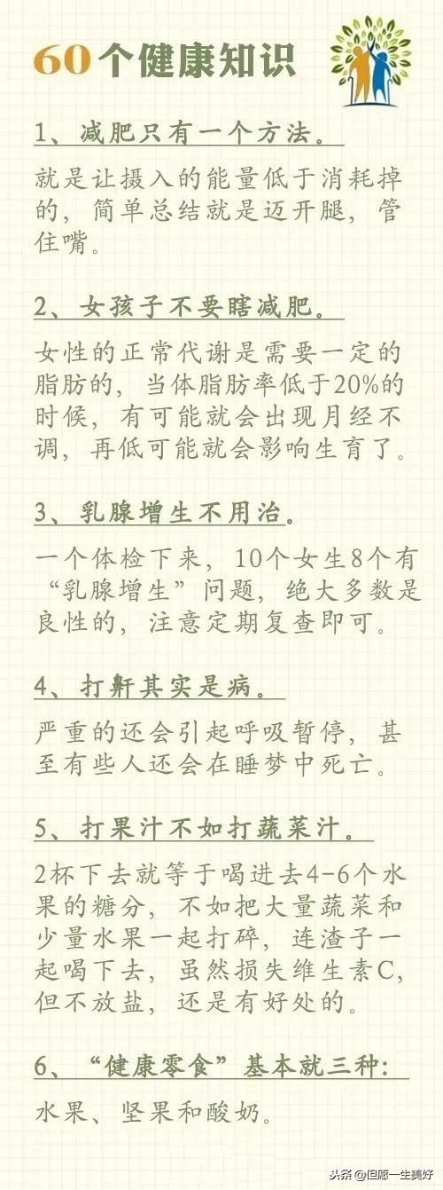 60个健康常识，值千金，收藏在手机里，多看看，受益一辈子