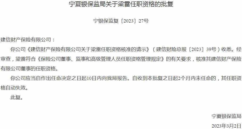 银保监会宁夏监管局：梁雷建信财产保险有限公司董事的任职资格获批